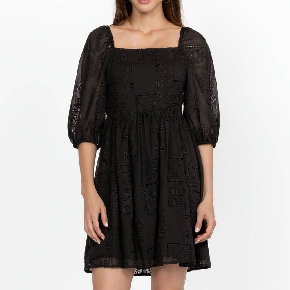 New Johnny Was Ella Black Embroidered Poof Sleeve Babydoll Dress - Picture 2 of 7